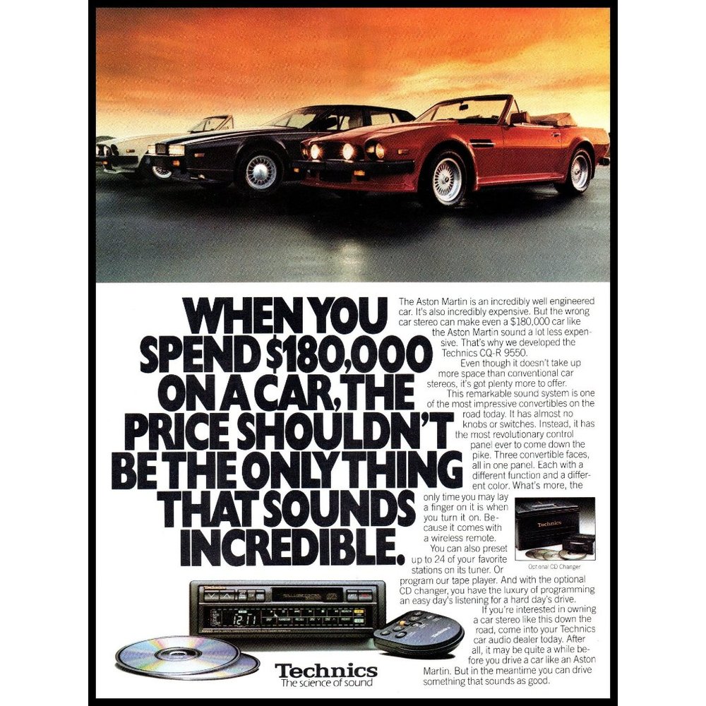 1989 Technics Car Stereo Aston Martin Convertible Vintage Print Ad Wall Art